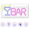 A neon sign shaped like a cocktail glass and the word 'BAR' is displayed against a white background, with several circular icons below it. Voir les images du produit