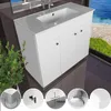 A white bathroom vanity with a sink is shown in a bright, modern setting with a view of the ocean and greenery through a large window. Several circular insets at the bottom highlight product features. Náhled obrázku produktu