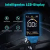 A close-up of an e-bike's LCD display and handlebars, with feature icons and text overlays. Produktbild-Vorschau