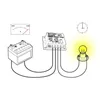 Diagram showing a car battery connected to a battery control module, which in turn powers a light bulb. Produktbild-Vorschau