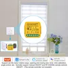 A smart home device for controlling curtains and blinds, shown with a wall switch and a close-up of the device's wiring diagram and connections. Náhled obrázku produktu