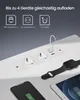 A white power strip with two AC outlets and two USB ports is shown on a white surface, with a charging cable plugged into one of the USB ports. A smartphone, a smartwatch, and a tablet are also visible, suggesting the power strip is used for charging multi Produktbild-Vorschau