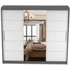 A sliding door wardrobe with mirrored center panels, reflecting a bedroom scene. Produktbild-Vorschau