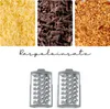 A collage showing grated cheese, chopped chocolate, chopped nuts, and two grater attachments. Produktbild-Vorschau