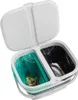 A dual-compartment recycling bin with the lid open, showing one compartment with a green liner and food scraps, and the other with a black liner and paper waste. Produktbild-Vorschau