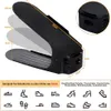 A product image showing a black shoe organizer with dimensions and compatibility information, along with illustrations of various shoe types. Produktbild-Vorschau