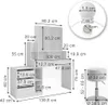 A diagram showing the dimensions of a white vanity table and stool set. Voir les images du produit
