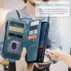 A person is holding a blue wallet-style phone case with cards inserted, and another person is using a payment terminal. Produktbild-Vorschau