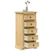 A tall, narrow chest of drawers made of light-colored wood, with six drawers, each with a black ring pull. The top drawer is slightly ajar. On top of the chest are a small decorative object and a vase with dried flowers. Produktbild-Vorschau