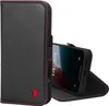 A black leather wallet case for an iPhone is shown open, with the phone inside. Produktbild-Vorschau