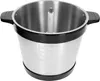 A close-up, top-down view of an empty stainless steel food chopper bowl with black handles and a black rim. Voir les images du produit