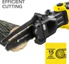A close-up shot of a compact electric chainsaw cutting a piece of wood, with marketing text and a size indicator. Produktbild-Vorschau