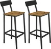 Two industrial-style bar stools with black metal frames and wooden seats and backs, set against a white background. Podgląd zdjęcia produktu