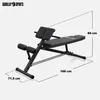 A black adjustable weight bench with dimensions indicated by dashed lines and measurements. Produktbild-Vorschau