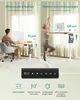 A split image showing a man sitting at a desk and a woman doing yoga next to a standing desk. Produktbild-Vorschau