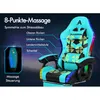A close-up marketing image of a cyan gaming chair with LED lighting and massage features highlighted. Produktbild-Vorschau