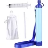 A collection of items for water purification, including a filter straw, a collapsible water pouch, a syringe, and a straw. Produktbild-Vorschau