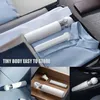 A collage of images showing a white handheld vacuum cleaner and its accessories being packed into a suitcase, stored in a drawer, and placed in a car door. Náhled obrázku produktu