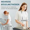 Two women are shown demonstrating different ways to use a handheld steamer/iron. The woman on the left is steaming a shirt that is hanging, while the woman on the right is ironing a piece of fabric on a flat surface. Produktbild-Vorschau