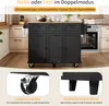 A black kitchen island with a wooden countertop is shown in a kitchen setting. Insets below highlight the wheels and legs. Náhled obrázku produktu