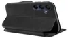 A black flip case for a smartphone is shown from a diagonal angle, with the front flap open. Produktbild-Vorschau