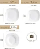 Diagrams showing the dimensions of different plates and bowls from the MALACASA porcelain set, along with the brand logo. Náhled obrázku produktu