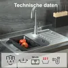 A kitchen sink with a faucet and a basket containing apples, with informational graphics at the bottom. Produktbild-Vorschau