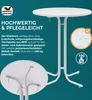 A white round bar table with text and icons describing its features and quality. Produktbild-Vorschau