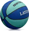A basketball with blue and teal panels, with brand logos and text visible. Podgląd zdjęcia produktu