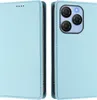 A light blue leather flip case for a smartphone, shown open to reveal the phone's camera module. Produktbild-Vorschau