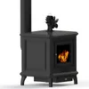 A black wood-burning stove with a chimney and a small fan on top, set against a white background. Produktbild-Vorschau