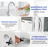 A collage of images showing features of a portable air conditioner, including filter cleaning, cable organization, and drainage options. Voir les images du produit
