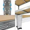 Collage of close-up images showing the assembly and details of a metal shelving unit with MDF shelves. Náhled obrázku produktu