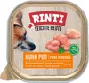 A close-up of a dog food container lid, showing a dog's face, raw chicken pieces, and product information. Produktbild-Vorschau