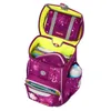 An open purple school backpack with various compartments and items inside, including books, a pencil case, and a water bottle. Voir les images du produit