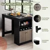 A black and wood-tone bar table with wine storage and cabinets, shown in a room setting with a window in the background. Callouts highlight product features. Náhľad obrázku produktu