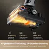 A close-up, cutaway view of a vacuum cleaner head, illustrating its internal heating and airflow mechanisms for drying. Text overlays describe its features and performance. Produktbild-Vorschau