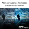 A split image showing a comparison of image quality, with text overlay describing "Breathtaking Contrasts & Lifelike Colors" and "COMPATIBLE DOLBY VISION". Produktbild-Vorschau