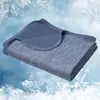 A folded blue and gray blanket is shown against a background of snowflakes and a light blue sky. Produktbild-Vorschau