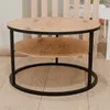 A round, two-tiered side table with a wooden top and shelf, supported by a black metal frame. Voir les images du produit