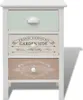 A white wooden cabinet with three drawers, each decorated with a different vintage-style graphic and text. Náhľad obrázku produktu