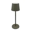 A taupe-colored table lamp with a conical shade and a round base, presented on a white background. Produktbild-Vorschau