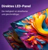Two screens displaying abstract colorful art, with text overlay describing LED panel technology. Produktbild-Vorschau