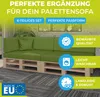 A green pallet sofa with cushions, set up outdoors. Produktbild-Vorschau