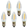 Five LED filament candle bulbs arranged in a scattered pattern on a white background. Produktbild-Vorschau