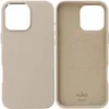 Two halves of a beige phone case are shown side-by-side against a white background. The left half shows the exterior of the case, and the right half shows the interior with a circular MagSafe magnet imprint and the Puro logo. Podgląd zdjęcia produktu