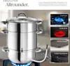 A multi-tiered stainless steel steamer pot on a gas stove, with inset images showing different stovetop types. Produktbild-Vorschau