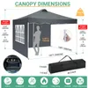 Diagram showing the dimensions and features of a gray pop-up canopy tent. Produktbild-Vorschau