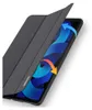 A dark gray tablet case is shown partially open, revealing a colorful abstract wallpaper on the tablet screen. Arrows indicate movement or functionality. Produktbild-Vorschau