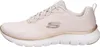 Side view of a beige Skechers sneaker with gold accents. Voir les images du produit